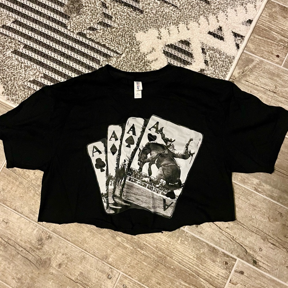 Black Cropped T-Shirt w/ Bucking Bronco & Playing Card Design